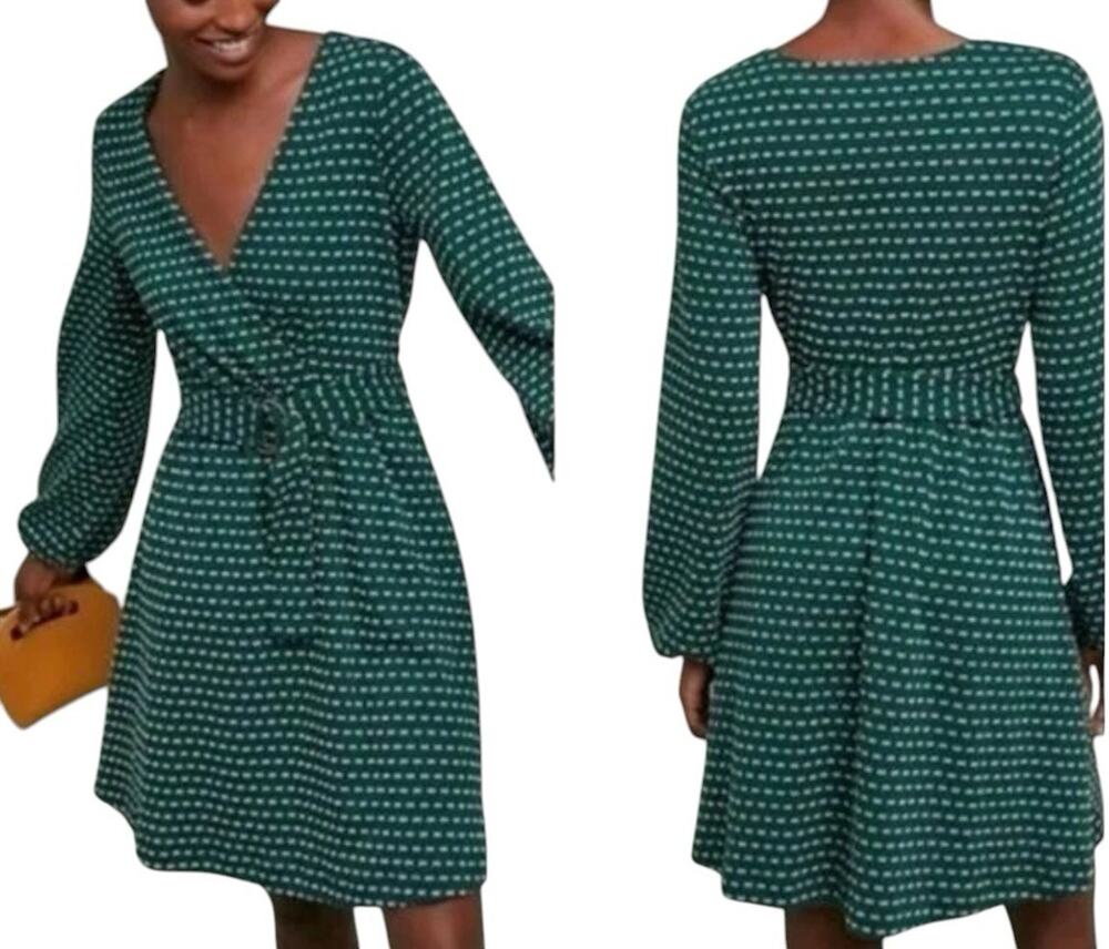 Maeve Anthropologie Green Print Malta Fit Flare Belted Dress SIZE SMALL Knee L/S